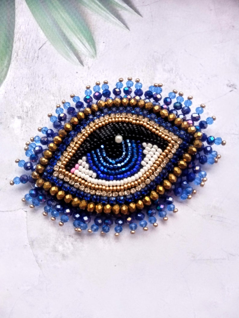 Blue gold evil eye brooch Big beaded eye brooch Embroidered brooch image 4