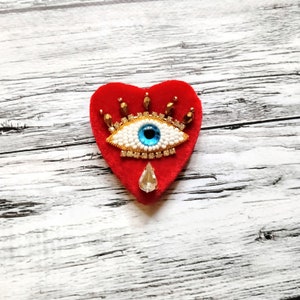 Red velvet heart brooch Evil eye pin Embroidered brooch