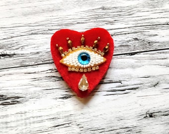 Red velvet heart brooch Evil eye pin Embroidered brooch