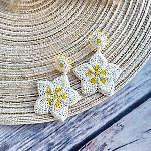 Plumeria beaded earrings Pearl flower earrings Embroidered earrings Bridal earrings