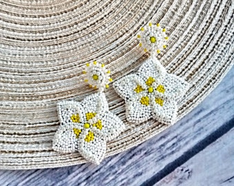 Plumeria beaded earrings Pearl flower earrings Embroidered earrings Bridal earrings