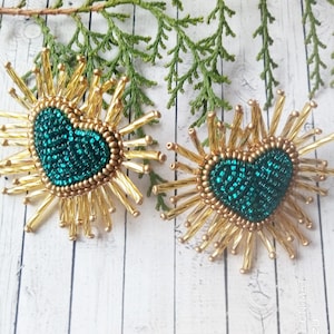 Emerald Shining Beaded Hearts Earrings Puffy Radiant Heart Earrings Heart burst earrings Trendy earrings image 1