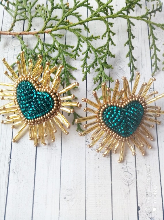 Emerald Shining Beaded Hearts Earrings Puffy Radiant Heart Earrings Heart burst earrings Trendy earrings