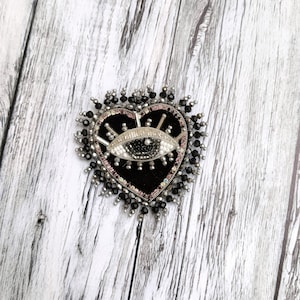 Black velvet heart evil eye brooch Black silver beaded brooch