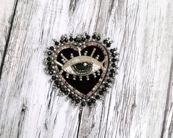 Black velvet heart evil eye brooch Black silver beaded brooch
