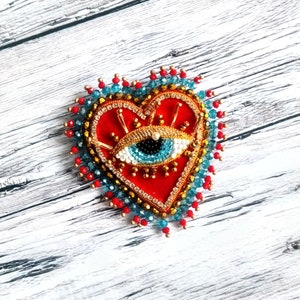 Red velvet heart brooch Evil blue eye brooch Embroidered brooch