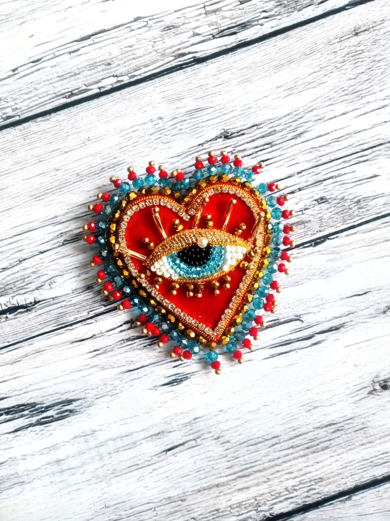 Red velvet heart brooch Evil blue eye brooch Embroidered brooch image 1