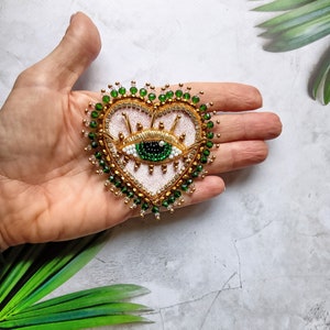 Pink velvet heart green evil eye brooch Embroidered brooch