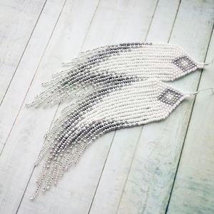 Beaded fringe earrings White silver beaded earrings  Long earrings Boho earrings Ombre beaded earrings Beadwork jewelry