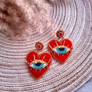 Blue evil eye on red velvet heart earrings Embroidered earrings Trendy beaded earrings