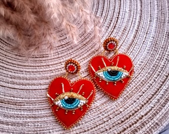 Blue evil eye on red velvet heart earrings Embroidered earrings Trendy beaded earrings