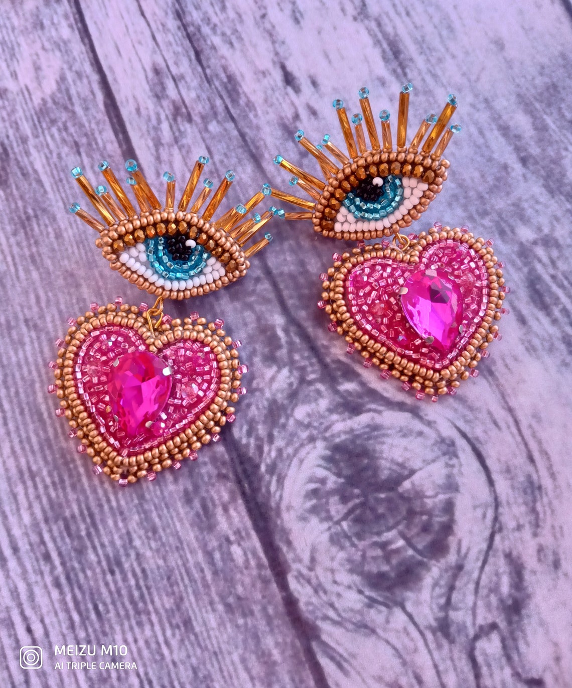 Handmade Evil Eye Heart Earrings - Green & Purple main image 0