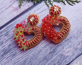 Red Heart Beaded Earrings Heart With Flowers Earrings Embroidered