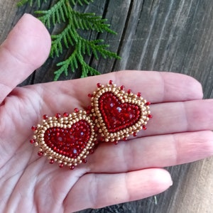Red hearts beaded  earrings  Embroidered  earrings