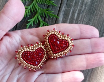 Red hearts beaded  earrings  Embroidered  earrings