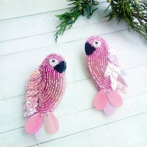 Parrot beaded earrings Pink beads earrings Trend Jewelery Tropical bright earrings Embroidered sequin earrings