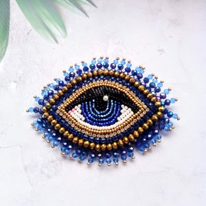 Blue gold evil eye brooch Big beaded eye brooch Embroidered brooch image 3