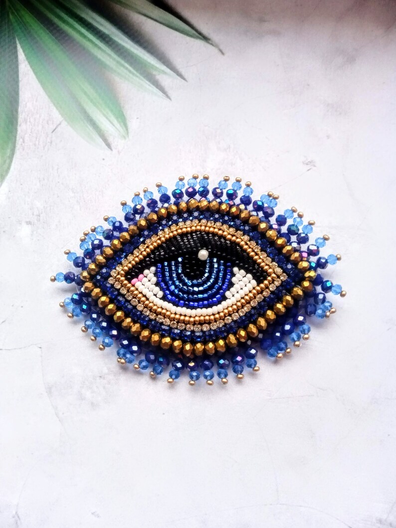 Blue gold evil eye brooch Big beaded eye brooch Embroidered brooch image 3