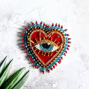 Red velvet heart brooch Evil blue eye brooch Embroidered brooch image 3