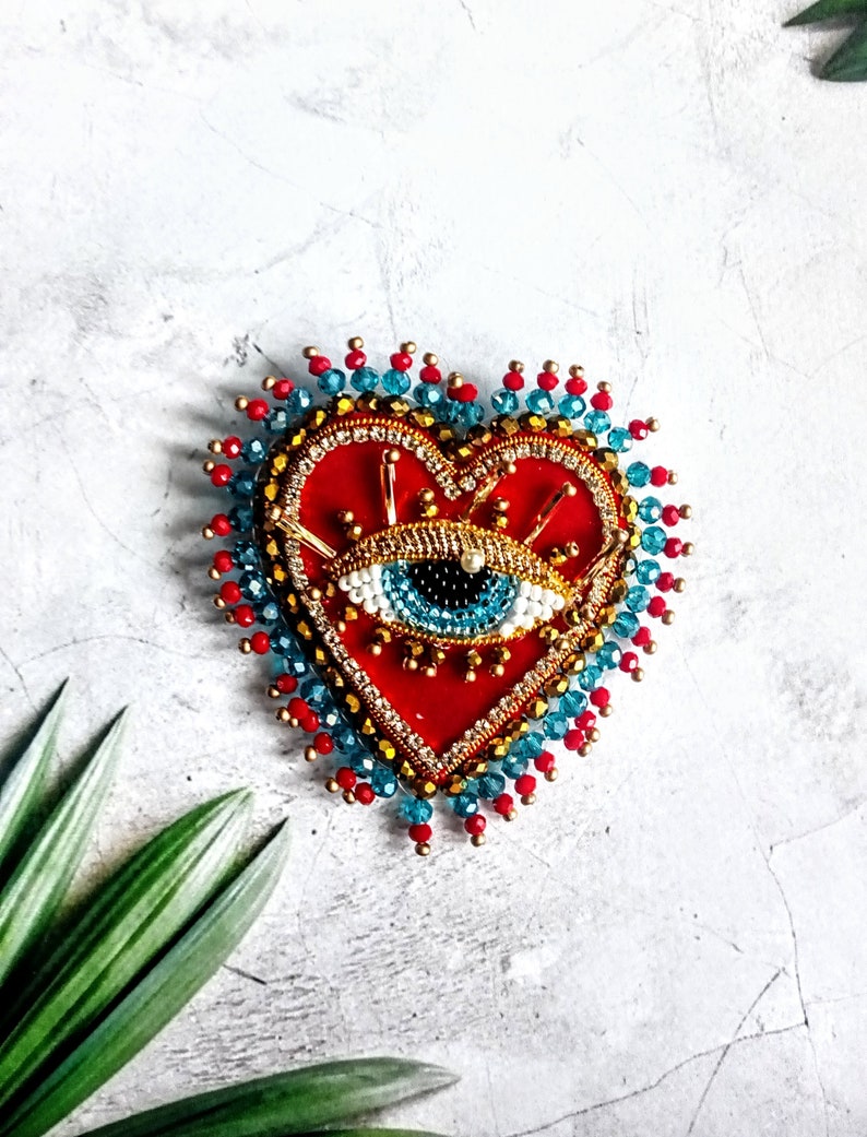 Red velvet heart brooch Evil blue eye brooch Embroidered brooch image 3