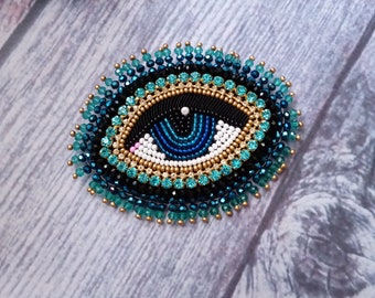 Evil eye brooch Blue beaded eye Embroidered brooch Big crystal eye Eye pin