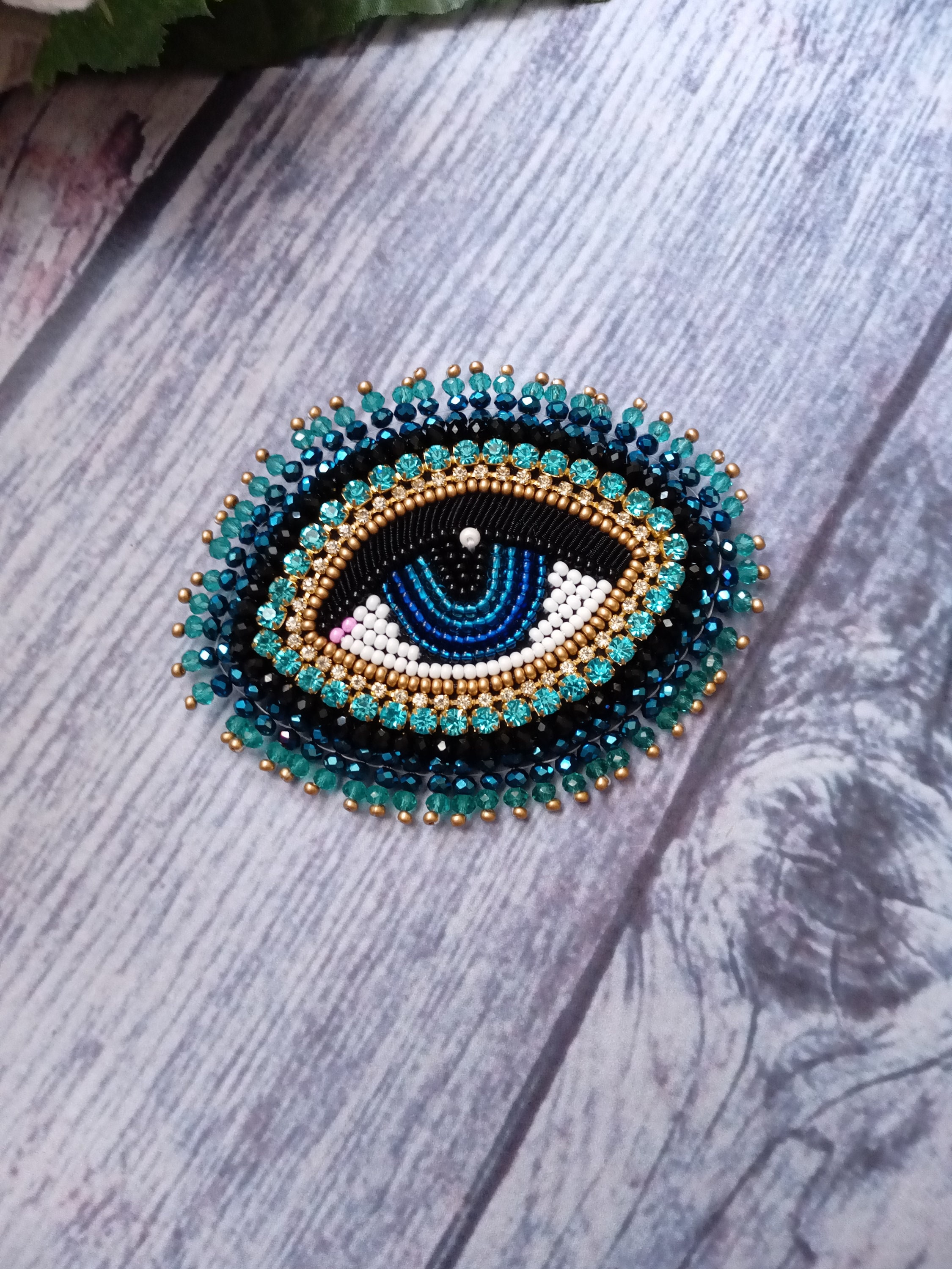 Evil Eye Brooch Blue Beaded Eye Embroidered Brooch Big Crystal Etsy