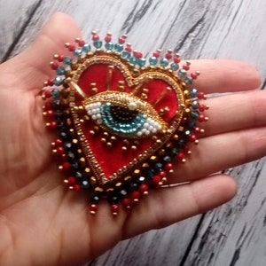 Red velvet heart brooch Evil blue eye brooch Embroidered brooch image 2