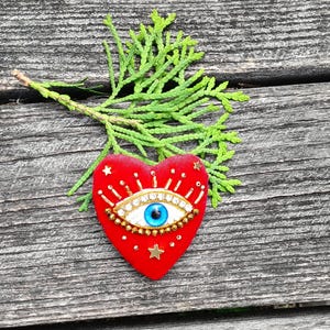 Red velvet heart evil eye brooch Embroidered brooch