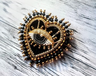 Broche corazón terciopelo negro Broche mal de ojo Broche bordado