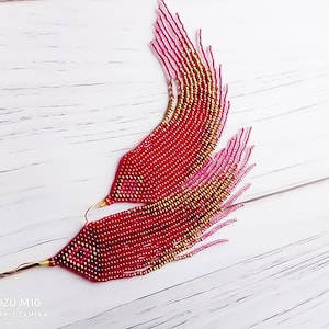 Burgundy gold beaded fringe earrings Boho earrings Long earrings Ombre beads earrings