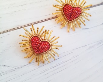 Red volume beaded heart earrings  Radiant beaded heart earrings  Sparkle heart earrings Trendy earrings Heart jewelry Heart burst earrings