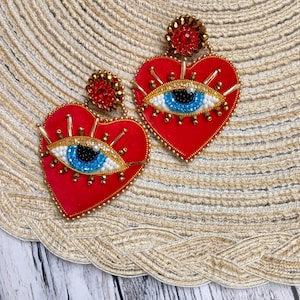 Blue evil eye on red velvet heart earrings Embroidered earrings Trendy beaded earrings