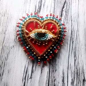 Red velvet heart brooch Evil blue eye brooch Embroidered brooch image 5