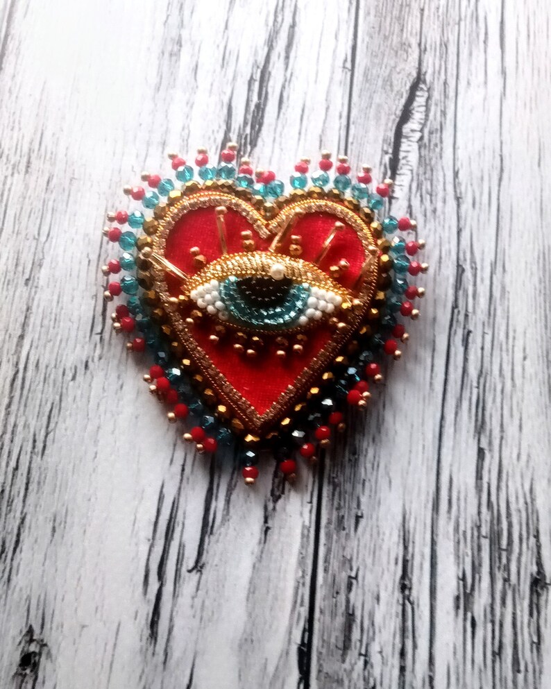 Red velvet heart brooch Evil blue eye brooch Embroidered brooch image 5