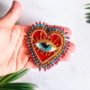 Red velvet heart brooch Evil blue eye brooch Embroidered brooch image 9