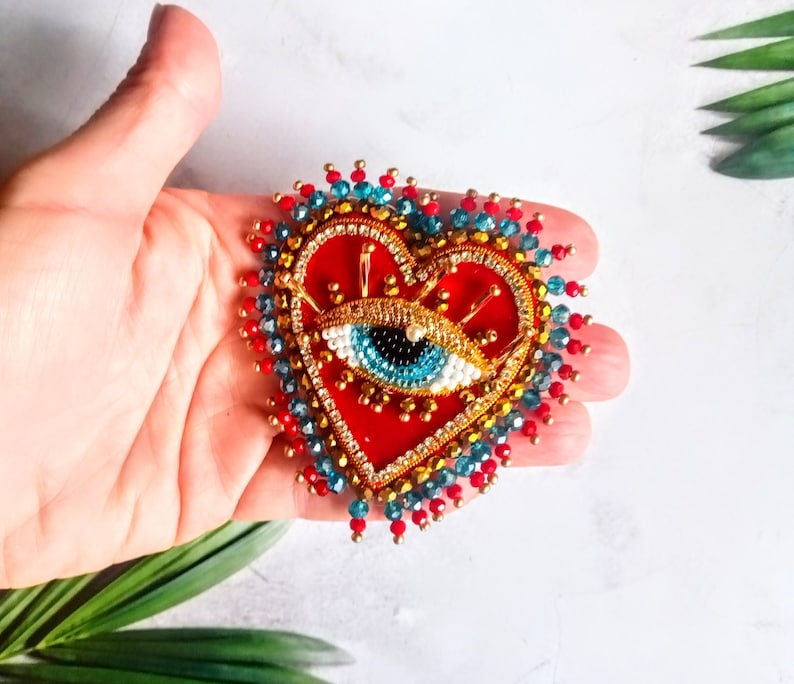 Red velvet heart brooch Evil blue eye brooch Embroidered brooch image 9