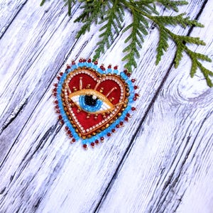 Red velvet heart brooch Evil blue eye brooch Embroidered brooch