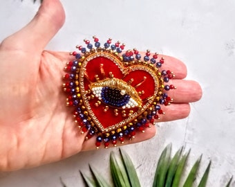 Heart  blue evil eye brooch Red velvet heart brooch Embroidered  brooch