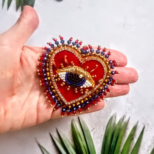 Heart  blue evil eye brooch Red velvet heart brooch Embroidered  brooch