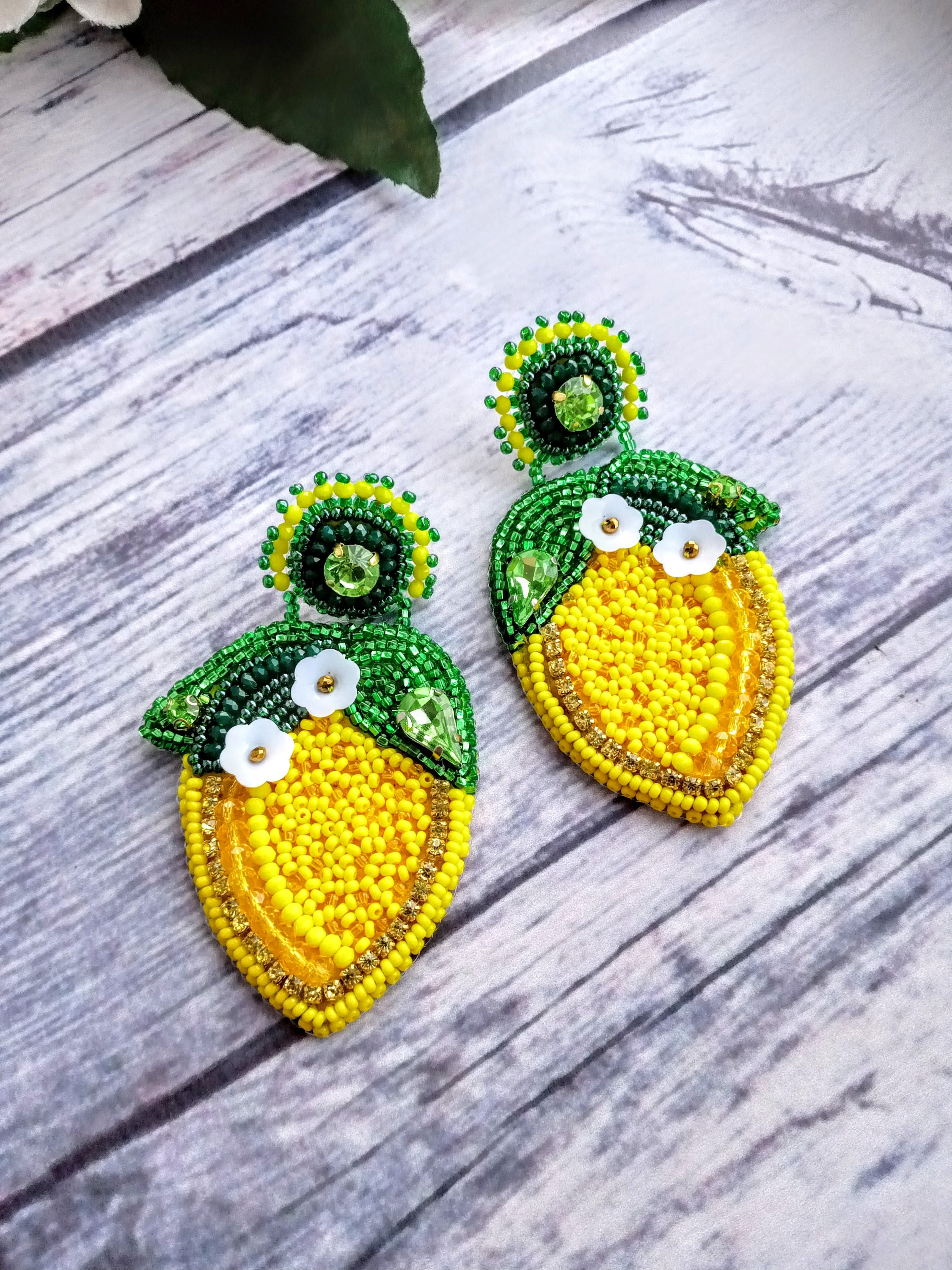 Lemon beaded earrings Yellow green Earrings Embroidered Etsy