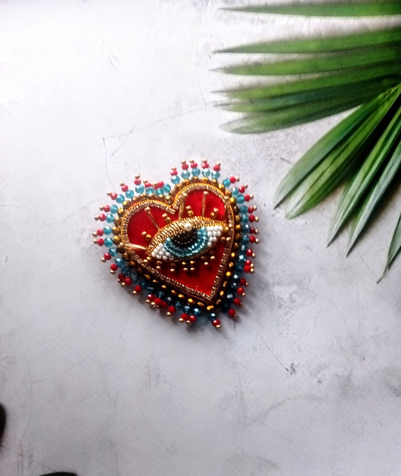 Red velvet heart brooch Evil blue eye brooch Embroidered brooch image 4