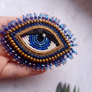 Blue gold evil eye brooch Big beaded eye brooch Embroidered brooch image 5