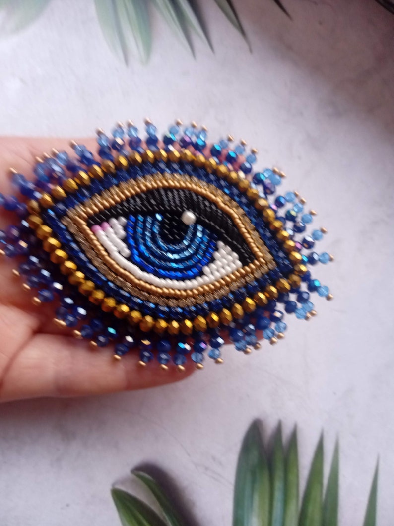 Blue gold evil eye brooch Big beaded eye brooch Embroidered brooch image 5