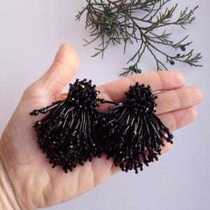 Könnte beinhalten: Ein Paar schwarze Perlenquastenohrringe. Die Ohrringe werden in einer Hand gehalten, mit einem Zweig Grünzeug im Hintergrund. Die Ohrringe bestehen aus kleinen, glänzenden schwarzen Perlen und haben ein fransenartiges Design.
