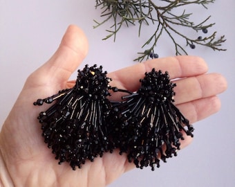 Beaded burst drop earrings   Black beaded earrings tassel Earrings waterfall Trend  jewelry  Eliza earrings Beadwork earrings
