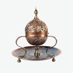 ANATOLIAN Copper INSENCE BURNER with Leaf Pattern / Handmade / Big Knob