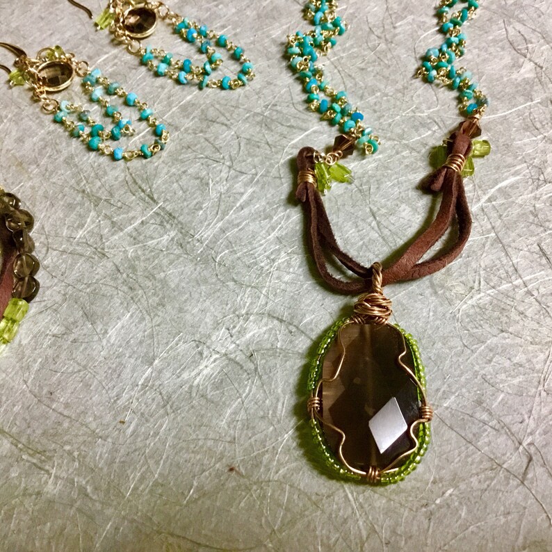 CLL004 Turquoise and Chocolate Brown Jewelry Collection with Turquoise Smokey Quartz and Peridot