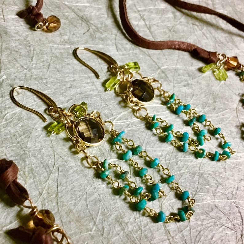 CLL004 Turquoise and Chocolate Brown Jewelry Collection with Turquoise Smokey Quartz and Peridot