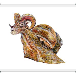 Snailam - mutant, fantasiekunst, dierlijke kunst, mythisch schepsel, slak, geit, ram, hybride dier, mythisch beest, dierlijke kunstdruk, cryptid