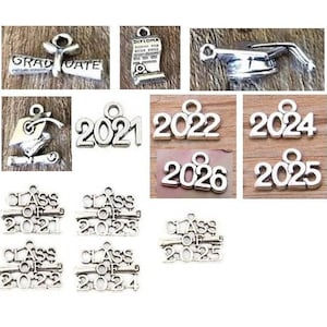 Graduation Charms, Graduate, Diploma Charm, Class of 2021, 2022, 2023, 2024, 2025, 2026, Year Charms, Graduation Cap, Silvertone, Etc, #1